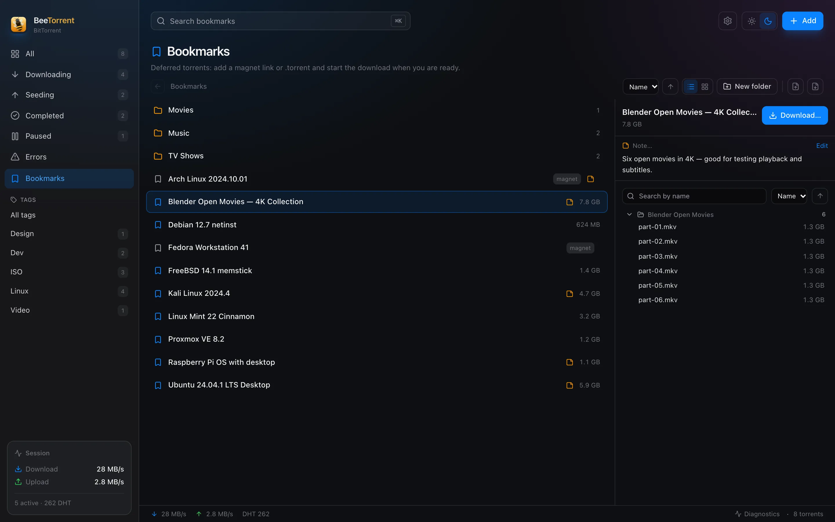 Bookmarks with folders, notes and a selected torrent in BeeTorrent